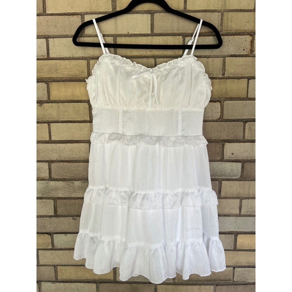 White Tiered Ruffle Mini Dress Smocked Back Party Summer Bridal Est Size Medium